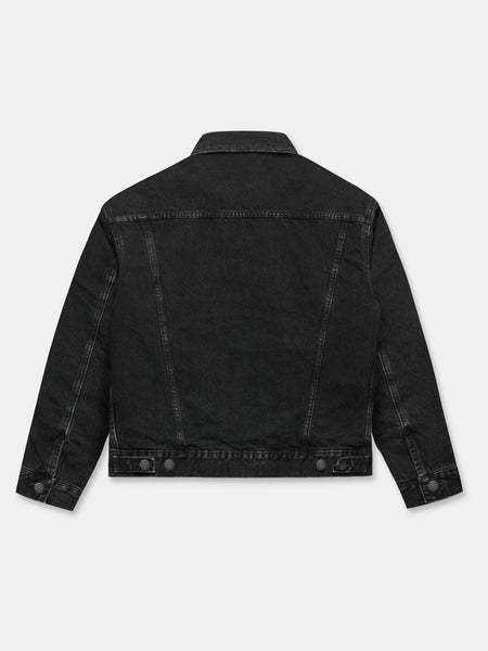 QUILTED DENIM LINER JACKET IN BLACK ACID RINSE