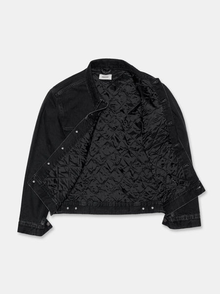 QUILTED DENIM LINER JACKET IN BLACK ACID RINSE