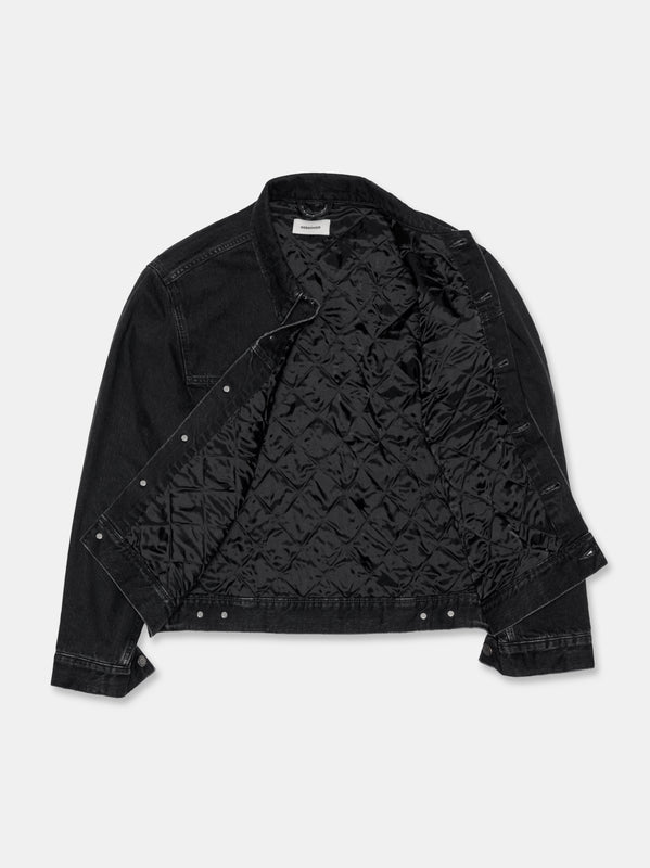 QUILTED DENIM LINER JACKET IN BLACK ACID RINSE