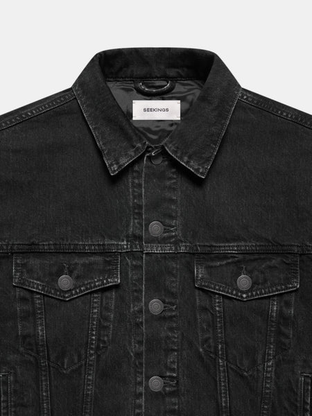 QUILTED DENIM LINER JACKET IN BLACK ACID RINSE