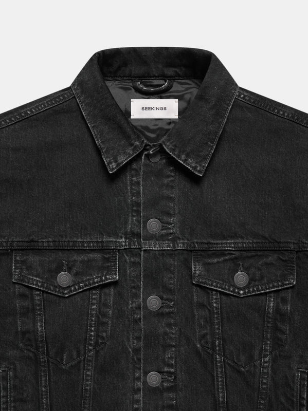 QUILTED DENIM LINER JACKET IN BLACK ACID RINSE