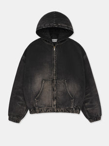 HOODED DENIM WORKER JACKET IN BLACK DESERT WASH