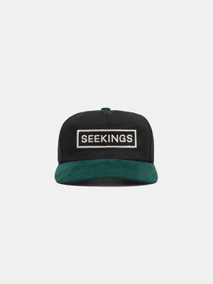 SEEKINGS LOGO CAP IN BLACK/FOREST GREEN SUEDE