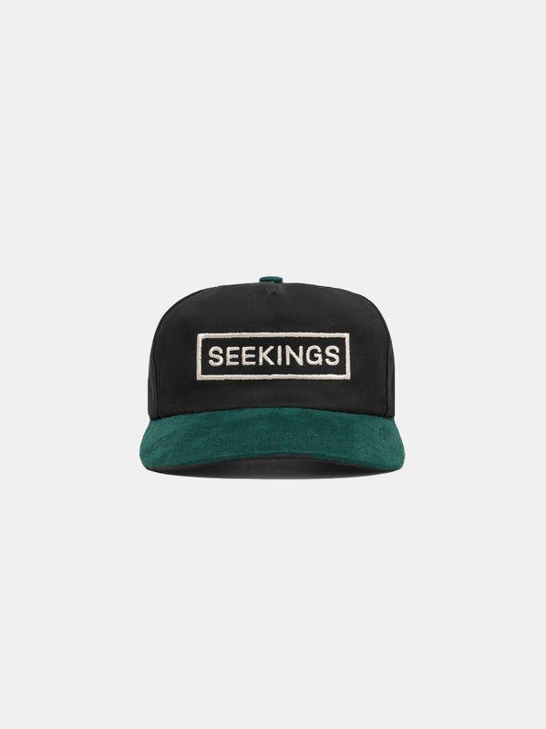 SEEKINGS LOGO CAP IN BLACK/FOREST GREEN SUEDE