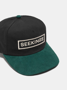 SEEKINGS LOGO CAP IN BLACK/FOREST GREEN SUEDE